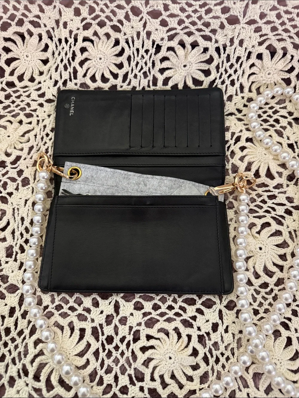 CHANEL Black Patent Leather Wallet with Multicolor Camellia Appliqués